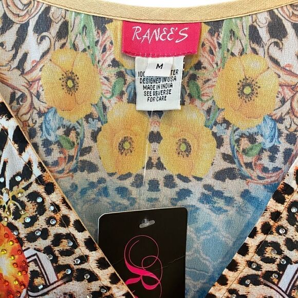 Ranee’s NWT M Blue Resortwear Beach Flowy Beaded Léopard Parrot Print Swim Cover - Picture 7 of 8